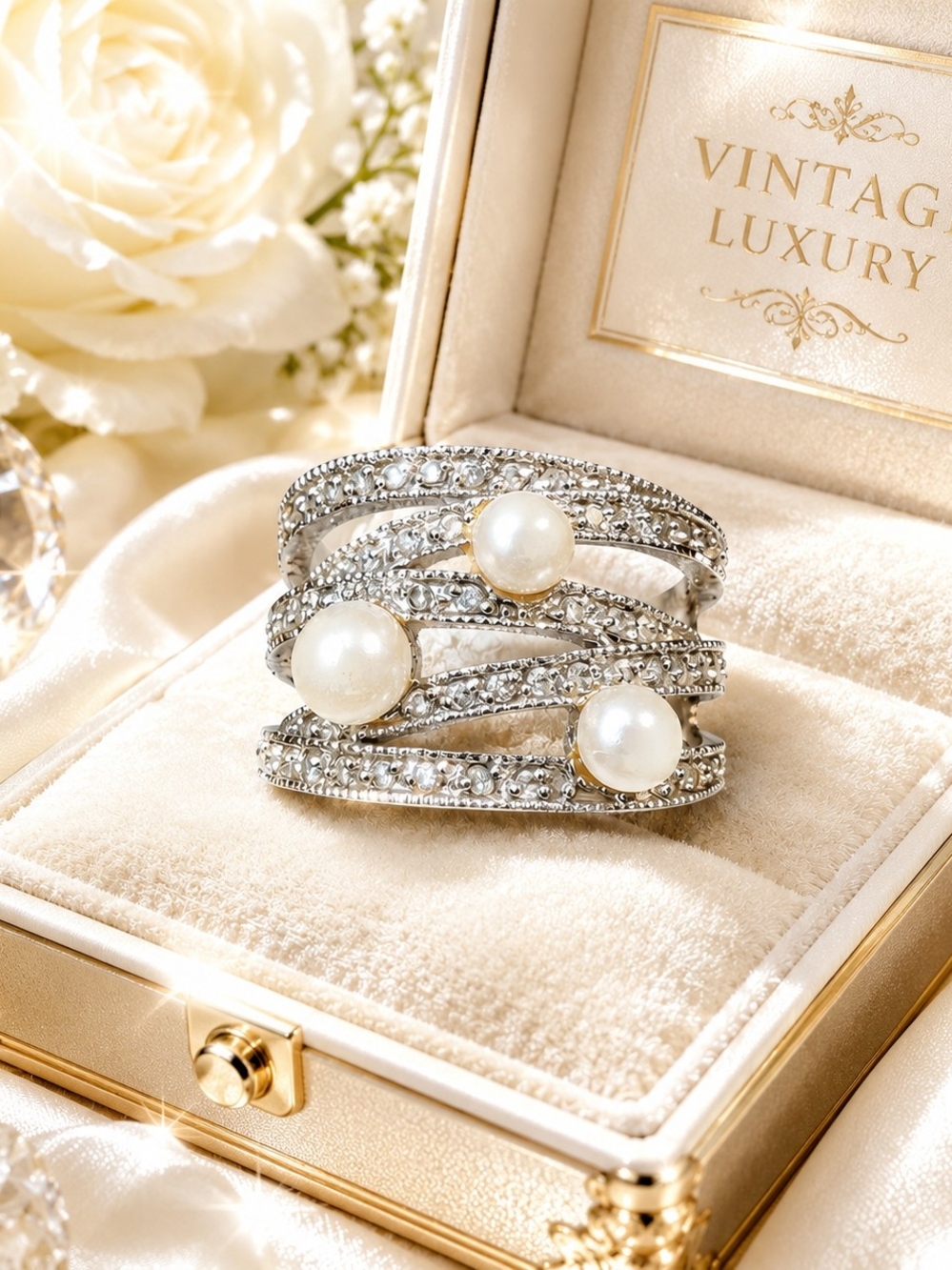 Vintage Sterling Silver Pearl & Diamond Ring Size 6